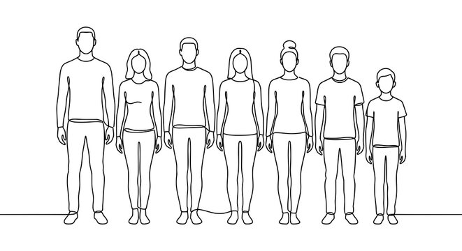 Continuous line drawing of diverse group standing looking forward minimal art