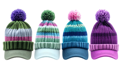 Four colorful winter caps with pom-poms and brims, set against a black backdrop