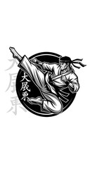 Karate Fighter Kicking High in Black and White.