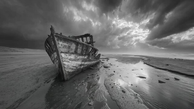 A dramatic black and white animation of an abandoned shipwreck on a desolate beach under stormy clouds. A powerful visual metaphor ideal for historical content, or themes of loss and endings.