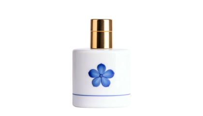 Small white ceramic perfume bottle with a blue floral design and a gold cap, isolated