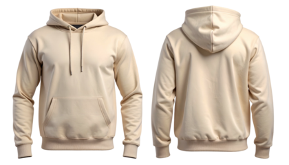 Front and back views of a beige hooded sweatshirt on a dark background