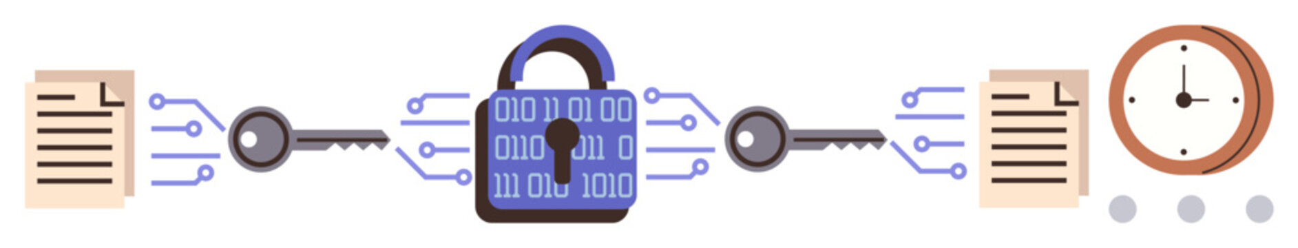 Binary lock with keys, connected to documents showing encryption process, accompanied by a clock. Ideal for cybersecurity, data protection, time management, encryption, privacy, security technology