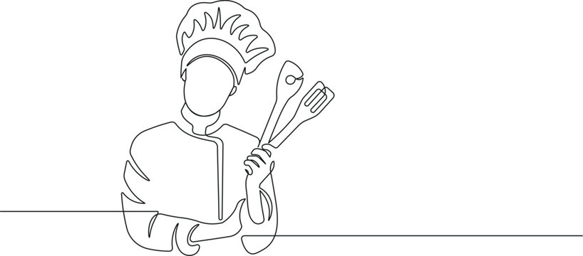 Continuous line chef holding kitchen utensils. Minimalist one line art illustration