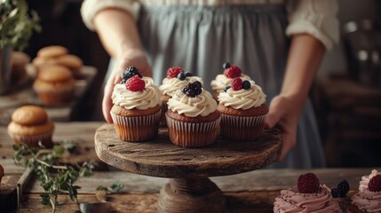 A food stylist arranging gourmet cupcakes on a rustic wooden table for a dessert-themed photoshoot