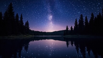 A glittering night sky filled with countless stars reflecting off a calm lake surrounded by pine trees