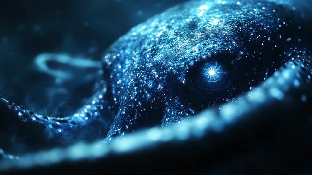 Cinematic close-up of a giant cosmic kraken with a glowing eye, lurking in the deep ocean. A terrifying monster perfect for fantasy games and sci-fi horror movie trailers.