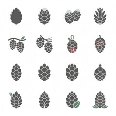 Diverse vector collection of stylized pinecone and conifer cone icons, perfect for winter holiday designs, nature-themed graphics, and festive seasonal decorations