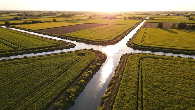 Lush green crop field irrigation canal rural landscape aerial view golden field sunset reflection farmland canal sunrise reflections agricultural crop rows country road rural aerial view
