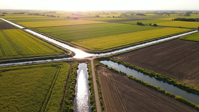 Sunrise canal irrigation road crossing farm field crop green yellow brown rural landscape aerial farmland sunlit intersection with water channels and distant horizon