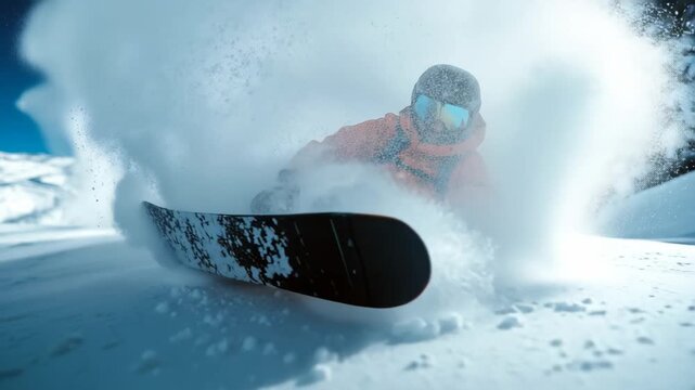 Dynamic shot of a snowboarder making a sharp turn in deep powder, throwing a huge wave of snow into the air. A cinematic action clip of extreme winter sports and adventure.
