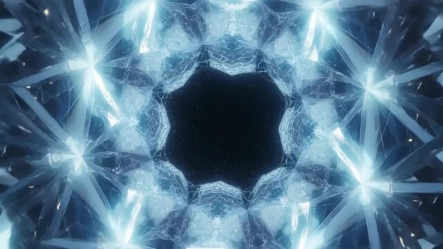 Flying through a seamless kaleidoscope tunnel of glowing diamonds and ice towards a starry void. An ideal VJ loop for luxury events, music videos, and futuristic presentations.