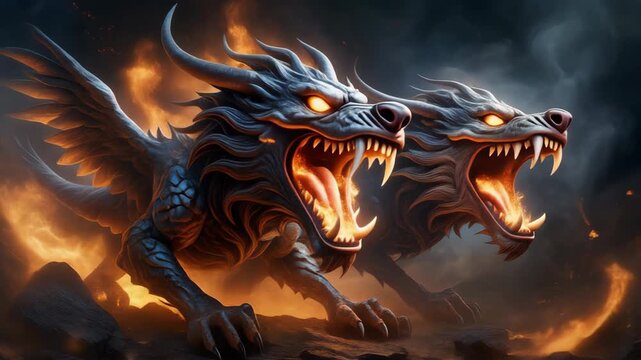 Two Stylized White Winged Wolf Beasts with Glowing Eyes and Fiery Background