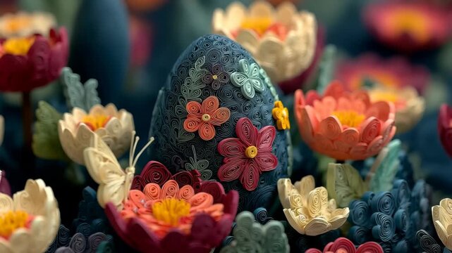 Intricate paper quilling art of an Easter egg, flowers, and a butterfly. A unique, artistic stop-motion animation ideal for creative holiday projects and craft showcases.