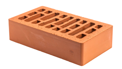Close-up of a standard, orange-red, perforated rectangular building block