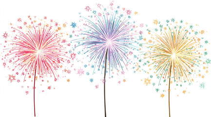 A vibrant and colorful trio of fireworks bursts against a clean white background, creating a festive display