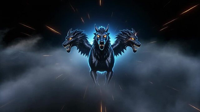 Three-Headed Horned Winged Creature with Blue Glow in Misty Darkness