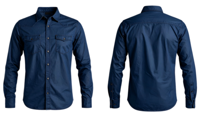 Front and back views of a dark blue, long-sleeved, button-down Western-style shirt
