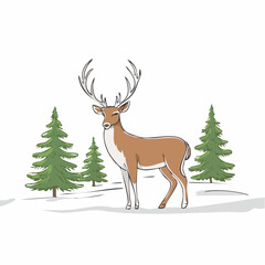 Majestic stag with large antlers stands in a snowy winter landscape with pine trees deer male deer