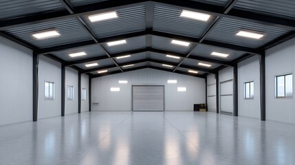Industrial space overview empty warehouse interior modern design bright lighting