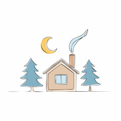 Cozy cabin with smoke from chimney under a crescent moon with two pine trees on a white background house