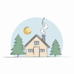 A house with smoke from chimney and two trees under a crescent moon with a light blue sky circle home