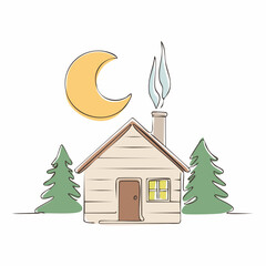 Simple wooden cabin with smoke from chimney under a crescent moon and two green pine trees house home