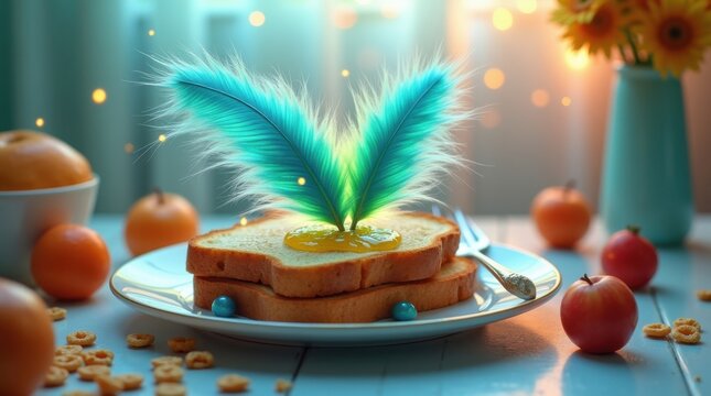 Mesa de desayuno surrealista donde las tostadas crecen como plumas, la mermelada brilla con ne&oacute;n, atm&oacute;sfera de ensue&ntilde;o, mundo gastron&oacute;mico colorido e imaginativo