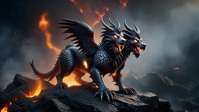 Two-Headed Winged Horned Dragon Creature on Rocky Outcrop with Fire Background