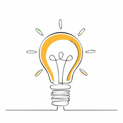 Single Line Drawing of a Light Bulb with Orange and Green Accents on a White Background idea innovation