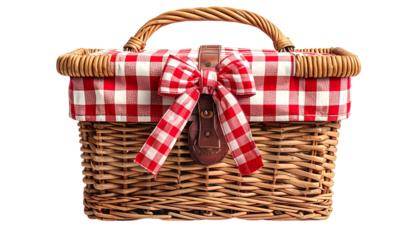 Wicker picnic basket with red and white checkered cloth and a bow, against a black background