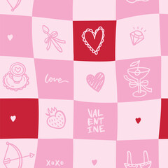 Checkered pink romantic pattern seamless with vintage linear doodle elements - strawberry, hearts, bow, beverage. Hand drawn vector illustration. Whimsy girly design.