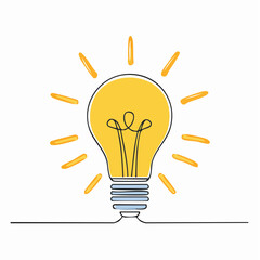 Single Line Drawing of a Bright Yellow Light Bulb with Orange Rays on a White Background idea innovation