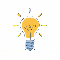 Single Line Drawing of a Glowing Light Bulb with Rays of Light Emanating on a White Background idea innovation