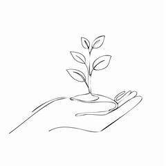 Single Line Drawing of a Hand Gently Holding a Sprout with Leaves on a White Background plant growth