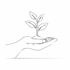 Single Line Illustration of a Hand Supporting a Sprout with Leaves on a White Background plant growth