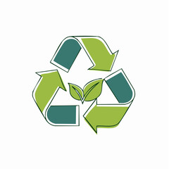 Green and teal recycling symbol with two small green leaves in the center recycle sign