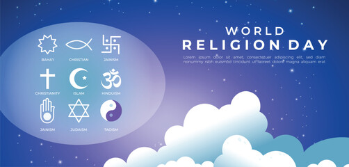 A peaceful night scene featuring major faith symbols arranged in a circle, including Christianity, Islam, Judaism, Hinduism, Jainism, Buddhism, and Taoism, with stars and clouds celebrating.