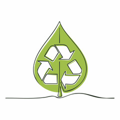 Green leaf shape with a recycling symbol inside on a white background recycle sign