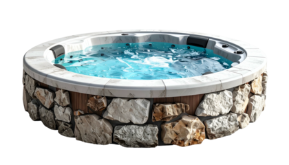 Circular hot tub with stone facade, filled with blue water, against a transparent background