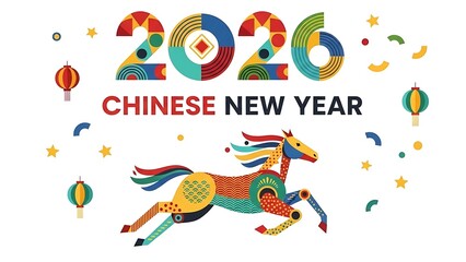 Festive illustration for the 2026 Lunar New Year, showcasing a stylized geometric horse, traditional lanterns, and confetti, symbolizing prosperity and good fortune for the celebration