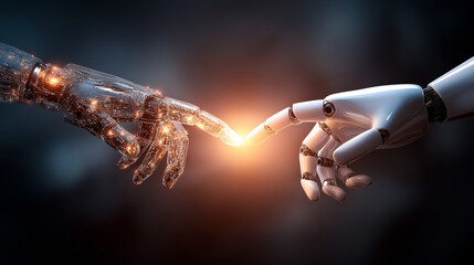 Human and artificial intelligence robot hands reaching toward each other, glowing digital energy connection, futuristic background, symbolic composition, cinematic realism