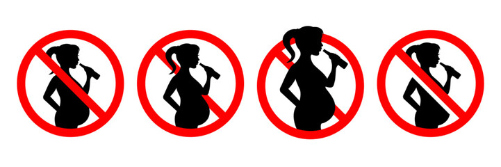 No alcohol during pregnancy sign set, logo, badge, icon, label, stamp, sticker, symbol, red circle, line, flat vector, isolated illustration.