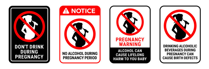 No alcohol during pregnancy sign set, logo, badge, icon, label, stamp, sticker, symbol, red circle, line, flat vector, isolated illustration.