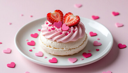 A pavlova dessert with heart-shaped strawberries sits on a white ceramic plate, surrounded by heart-shaped confetti.