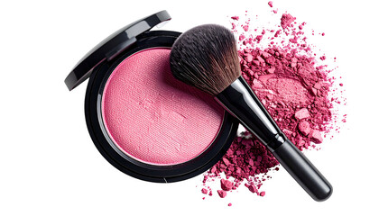 Compact blush with brush; loose powder, pink tones against black background