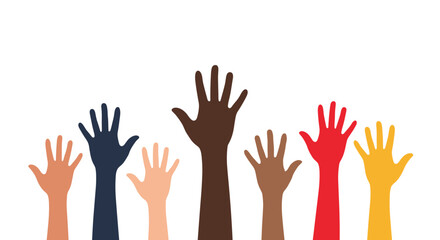 Obraz premium Diverse colorful hands raised together in a show of unity and collaboration against a clean white background for community support.