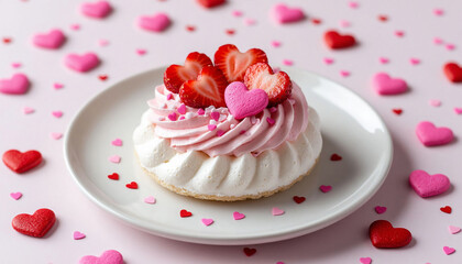 Mini pavlovas with pink whipped cream and heart-shaped strawberries on a pink background.
