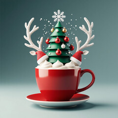 Cup of coffee or hot chocolate with marshmallows and a Christmas tree on a blue background