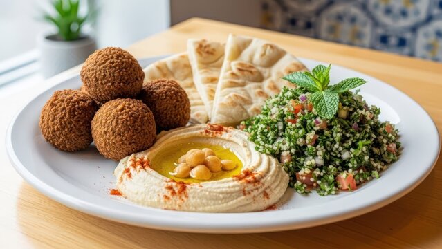 Middle Eastern plate falafel, pita, hummus, and tabouli